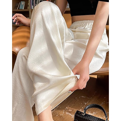 Damen Weite Hosenbeine Chinos Elegant Streetwear Lässig Volle Länge Mittlere Taillenlinie Einfarbig Kordelzug Tasche Elastischer Bund Bequem Atmungsaktiv Mikroelastisch Täglich Outdoor Formell Image