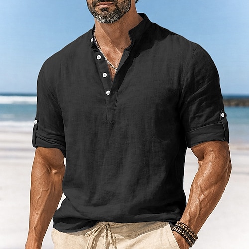 Herren Leinenhemd Popover-Hemd Freizeithemd Strandhemd Stehkragenhemd Einfach Lässig Strand Blau Schwarz Weiß Rosa Langarm Henley Sommer Frühling Sommer Bekleidung Knöpfe Image