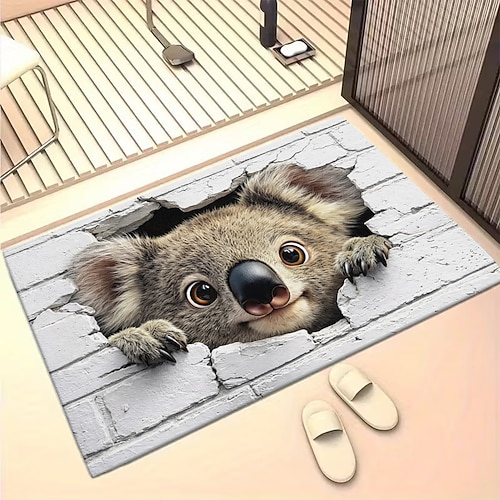 Fußmatte mit 3D-optischer Illusion, 2D-Flachdruck, niedlicher Koala, der durch eine rissige Backsteinmauer lugt, Tiermotiv, Eingangsteppich Image