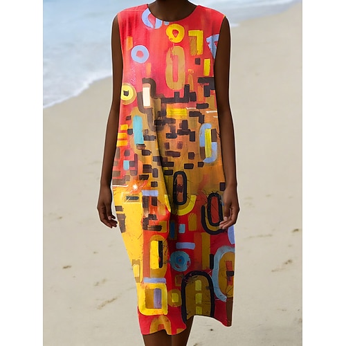 Damen Midi Kleid Leinenähnliches Shift Kleid Urlaub Lässig Strand Alltag Regelmäßige Passform Graphic Geometrisch Ärmellos Rundhalsausschnitt Blau Gelb Lila Orange Sommer Frühling Image