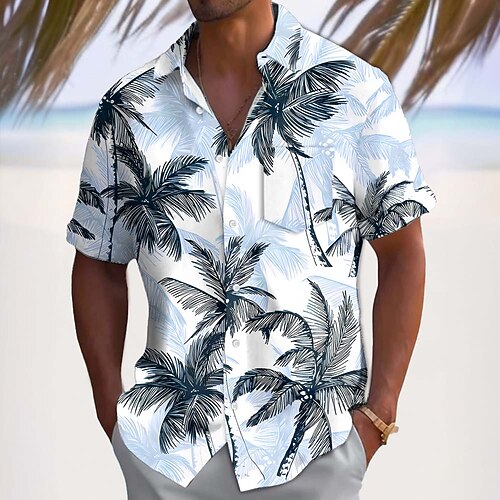 Herren Kokospalme Tropische Pflanzen Sommer Hawaiihemd Knopfhemd Alohahemd Kurzarm Hawaiianisch Ferien Strandbekleidung Sommer Frühling Umlegekragen 3D-Druck Hemden mit Kragen Eine Tasche vorne Blau Image