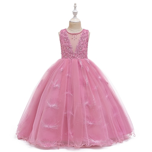 Blumenmädchenkleid Mädchen Formelle Kleidung Hochzeitskleidung Party Hochzeit Formell Mode Niedlich Prinzessin Kleid für die Erstkommunion Patchwork Netz Einfarbig Ärmellos Rundhalsausschnitt Image