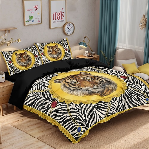 Bettwäsche-Set mit Zebrastreifen und Tigerkopf-Print, 3-teilig im Hotelstil, bestehend aus 1 Bettbezug und 2 Kissenbezügen, weicher Kurzplüsch, ohne Bettdecke. Image