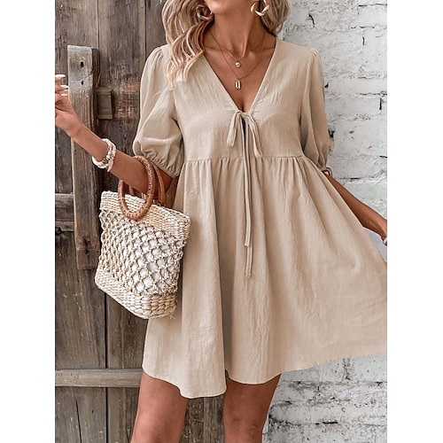 Damen Minikleid A Linie Kleid Sommerkleid Lässig Täglich Lässiger Schnitt Einfach Halbarm V Ausschnitt Blau Schwarz Weiß Beige Sommer Frühling Image