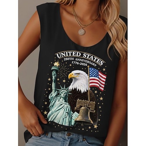 Unabhängigkeitstag Amerikanisches 250. Jubiläum Patriotisches Damen T-Shirt Grafik Flagge Flagge Lässig Ärmellos Rundhals Reguläre Oberteile Täglicher Druck Blau Schwarz Weiß Rot Sommer Frühling Image