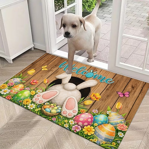 Oster-Fußmatte mit 3D-optischer Täuschung: Hasenpopo mit Willkommensschild, 2D-Flachdruck, festliches Ei- und Blumenmotiv – die perfekte Fußmatte für den Eingangsbereich. Image