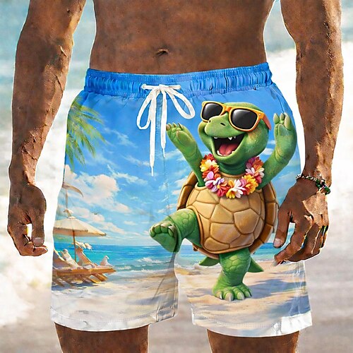 Herren Cartoon Nilpferd Meeresschildkröte Badehosen Badeshorts Boardshorts Mittlere Taille Lustig Hawaiianisch Strandurlaub Seitentaschen Netzfutter Elastischer Kordelzug in der Taille Designer Image