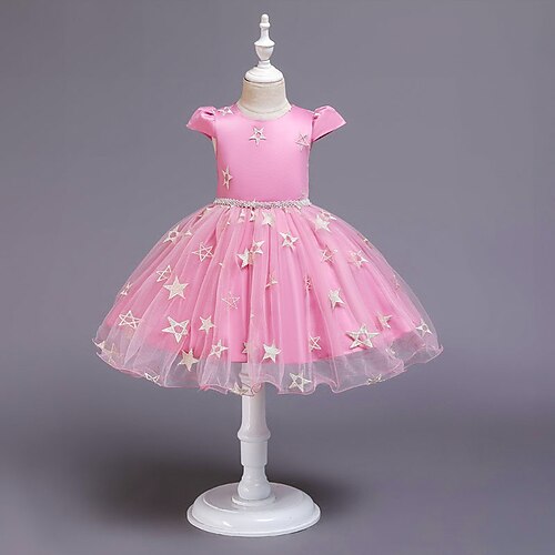 Blumenmädchenkleid Mädchen Formelle Kleidung Hochzeitskleidung Party Hochzeit Formell Niedlich Prinzessin Patchwork Netz Stern Kurzarm Rundhalsausschnitt Schwarz Rosa Ab 4 Jahren Image