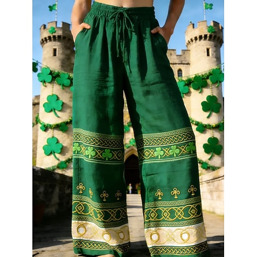 St. Patrick Damen Weite Bein Hose Palazzo Hose Urlaub Vintage Basic Voll Länge Hohe Taille Hose Shamrock Bestickte Tasche Elastischer Bund Komfort Atmungsaktivität Bequem Unelastisch Image