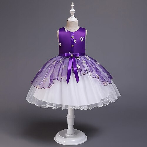 Blumenmädchenkleid Mädchen Formelle Kleidung Hochzeitskleidung Party Hochzeit Formell Niedlich Formell Schön Patchwork Netz Stern Ärmellos V-Ausschnitt Schwarz Rosa Ab 4 Jahren Image