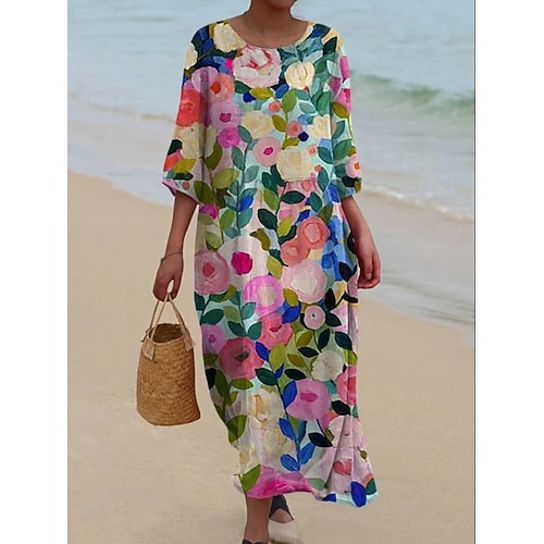 Womens Maxikleid Leinenähnlich Atmungsaktiv Leicht Sommerkleid Shift Kleid A-Linie Kleid Sommer Kleid Urlaub Lässig Boho Täglich Strand Urlaub 3/4 Länge Ärmel Rundhalsausschnitt Boot Image