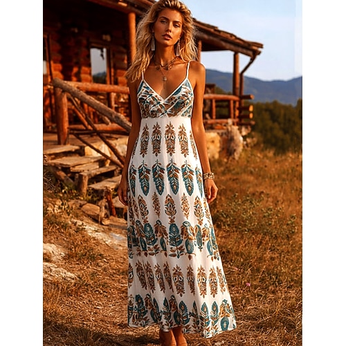 Damen Maxikleid Sommerkleid A Linie Kleid Unterkleid Urlaub Lässig Boho Strand Normale Passform Blumen Grafik Ärmellos V Ausschnitt Spaghettiträger Blau Leicht Braun Orange Sommer Frühling Image