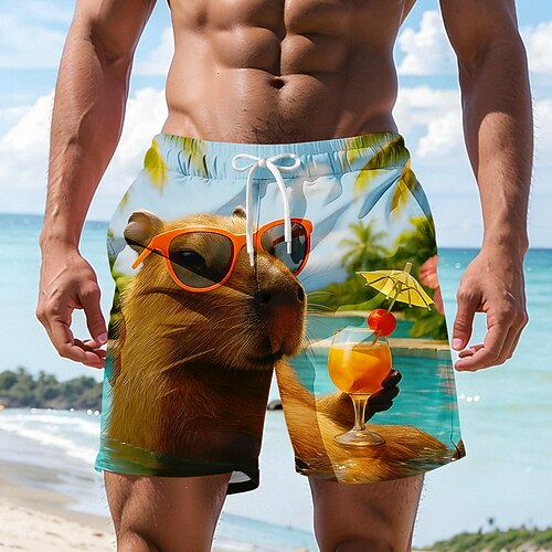 Herren Cartoon Nilpferd Wasserschwein Badehosen Badeshorts Boardshorts Mittlere Taille Hawaiianisch Lustig Strandurlaub Seitentaschen Netzfutter Elastischer Kordelzug in der Taille Designer Bekleidung Image