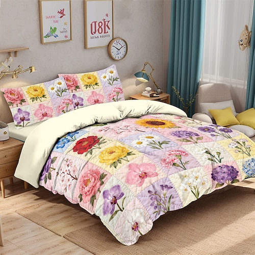 Bettwäsche-Set mit frischem Blumenmuster, 3-teilig im Hotelstil, bestehend aus 1 Bettbezug und 2 Kissenbezügen, aus weichem Kurzplüsch. Keine Bettdecke enthalten. Image