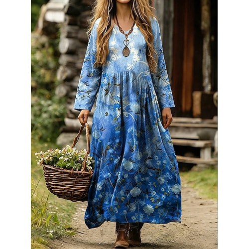 Damen Maxikleid A Linie Kleid Urlaub Lässig Täglich Ferien Lässiger Schnitt Blumen Grafik Langarm V Ausschnitt Blau Orange Sommer Frühling Image