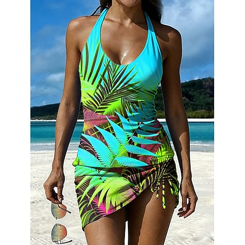 Damen Badeanzug Tankini Rock Bademode Kordelzug Strick Elegant Urlaub Blumen Grafik U-Ausschnitt Ärmellos Badeanzüge Image