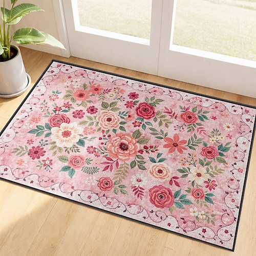 Fußmatte mit floralem Rosen- und Blütenmuster und Rankenbordüre – stilvolle und praktische Eingangsmatte für den Hauseingang. Image