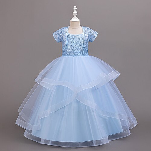 Blumenmädchenkleid Mädchen Formelle Kleidung Hochzeitskleidung Party Hochzeit Formell Niedlich Prinzessin Patchwork Netz Einfarbig Kurzarm Rundhalsausschnitt Champagner Rosa Ab 4 Jahren Image