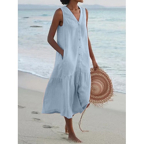 Damen-Midikleid in Leinenoptik, Etuikleid, Sommerkleid, lässig, locker geschnitten, ärmellos, V-Ausschnitt, blau, weiß, hellgrün, rosa, Sommer Image