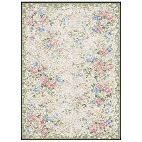 Hellgrüner Teppich mit zartem Rosen- und Hortensienmuster auf hellem Hintergrund – eine elegante, dekorative Fußmatte für Wohnzimmer, Schlafzimmer und andere Wohnräume. Image