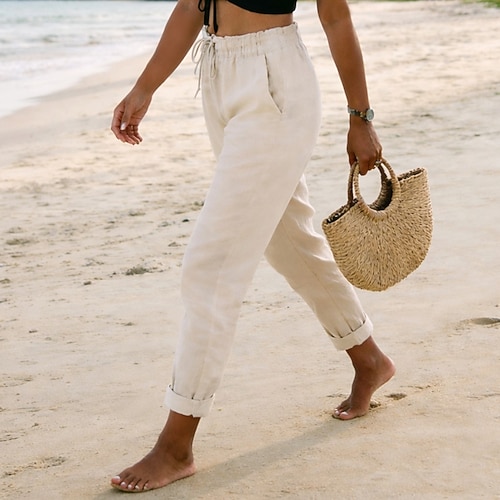 Damen Leinenhosen Hose Sommerhose Strandhose Urlaub Mode Alltagstauglich Volle Länge Hohe Taille Einfach Tasche Elastisches Kordelzugdesign Komfort Schnelltrocknend Weich Unelastisch Streetwear Image