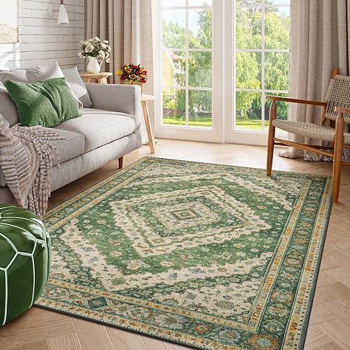 Grüner Medaillon-Teppich im Vintage-Stil mit Used-Look, perfekt für Wohnzimmer, Schlafzimmer oder Büro. Image