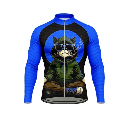Herren Oberteile Radtrikot Tiermotiv Katze Langarm Fahhrad Trikot Oberteil mit 3 Gesäßtaschen Sonne Sonnenschutz Schnelltrocknend Reflektierende Streifen Sport Schwarz Rosa Königliches Blau Bekleidung Image