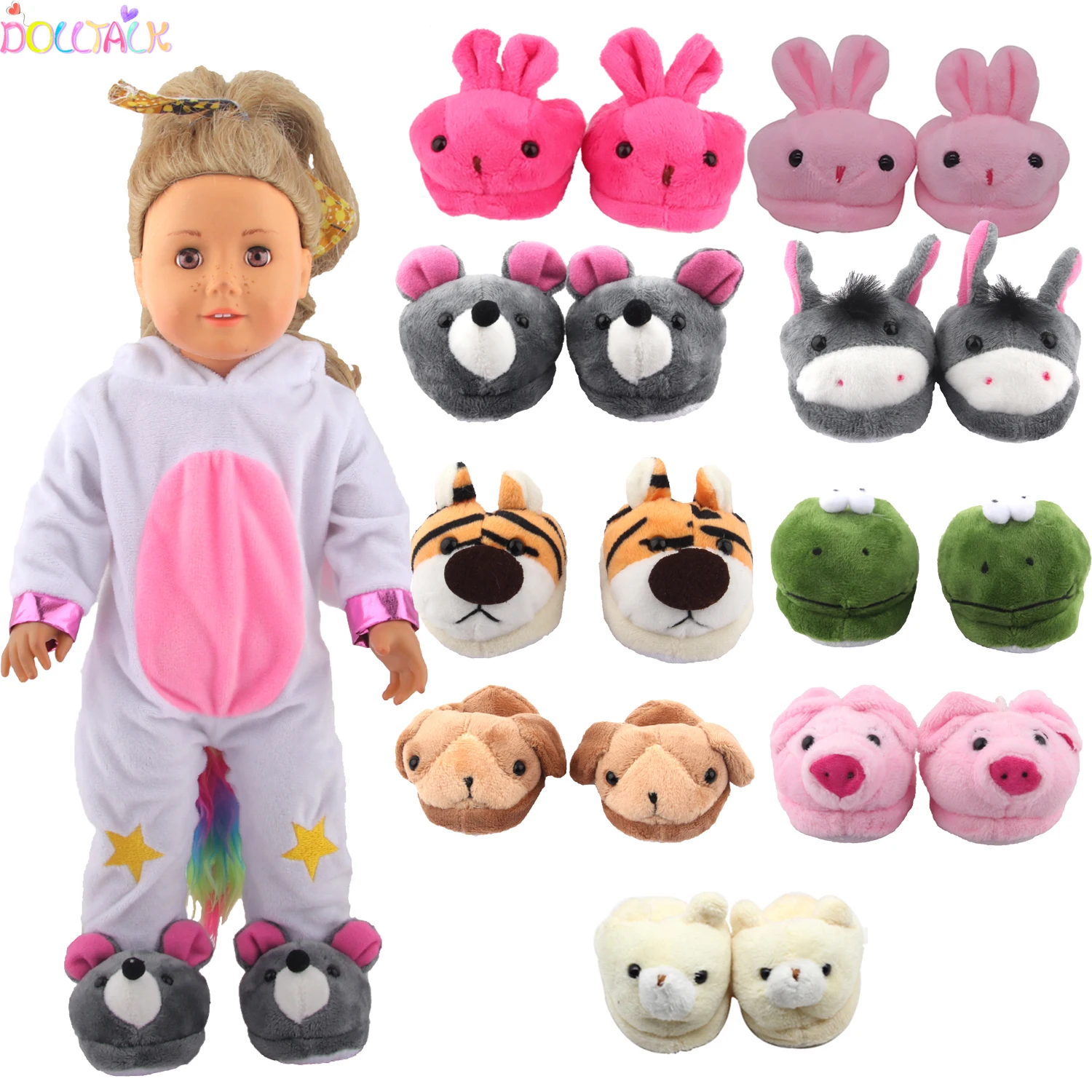 Scarpe da bambola 7 cm Pantofole animali di peluche rana carina, tigre, maiale per ragazza americana da 18 pollici, 43 cm Baby New Born & OG Doll Girl's Toy Gift