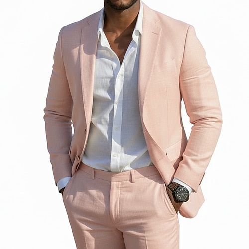 Herren-Freizeitanzüge aus Leinen, himmelblau, weiß, rosa, modisch, alltagstauglich, formell, einfarbig, tailliert, 2-teilig, einreihig, zwei Knöpfe Image