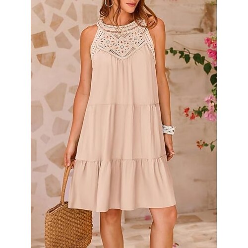 Damen Minikleid Halterkleid Urlaub Lässig Outdoor Ausgehen Lässiger Schnitt Einfarbig Ärmellos Neckholder Schwarz Weiß Fuchsie Aprikose Sommer Frühling Image