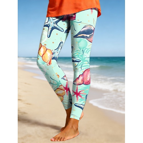 Damen Leggings Urlaub Vintage Ethno-Stil Volle Länge Hohe Taille Grafik Ozean Komfort Weich Bequem Dehnbar Täglich Heim Outdoor Blau Graues Grün Sommer Frühling Schmale Passform Image