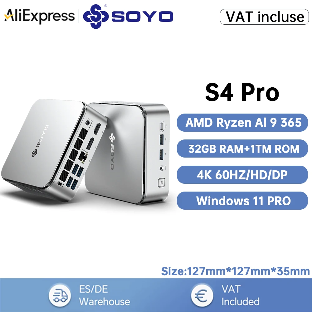 SOYO S4 Pro Mini-PC AMD Ryzen Ai 9 365 10 Core CPU 32 GB DDR5 1 TB PCIE3.0 SSD 4K@120 Hz WiFi6 BT5.2 Win11Pro Mini-Gaming-Computer Image