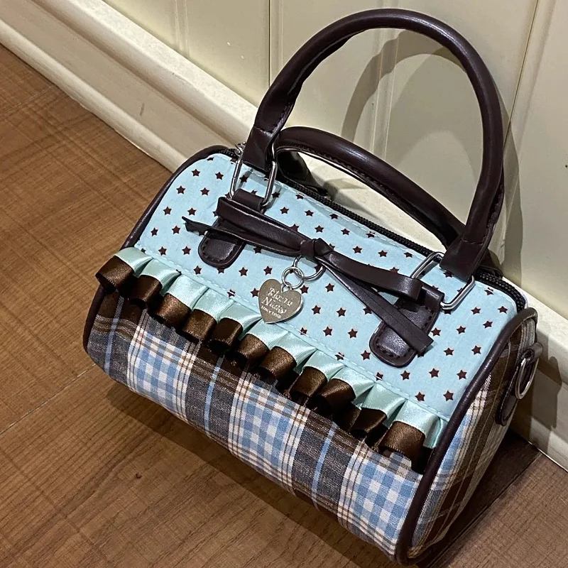 Borsa a pois con fiocco coreano Borsa a bombetta alla moda Borsa a tracolla stile Y2k in pizzo color block Borsa a tracolla con cerniera a tracolla dolce scozzese retrò