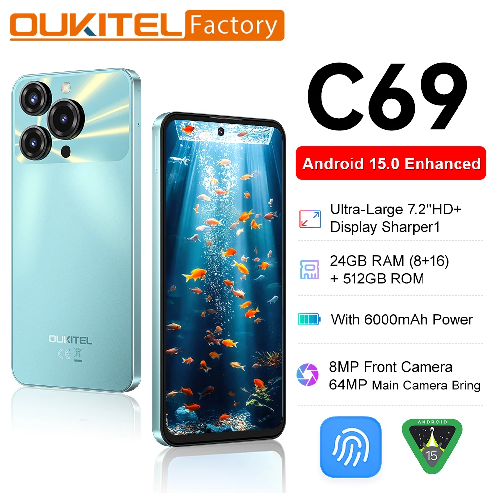OUKITEL [C69] Smartphone 7.2” HD+Display 120Hz Call Phone 24GB(8+16)+512GB 6000mAh 64MP Camera Telephone Portable Android 15 NF
