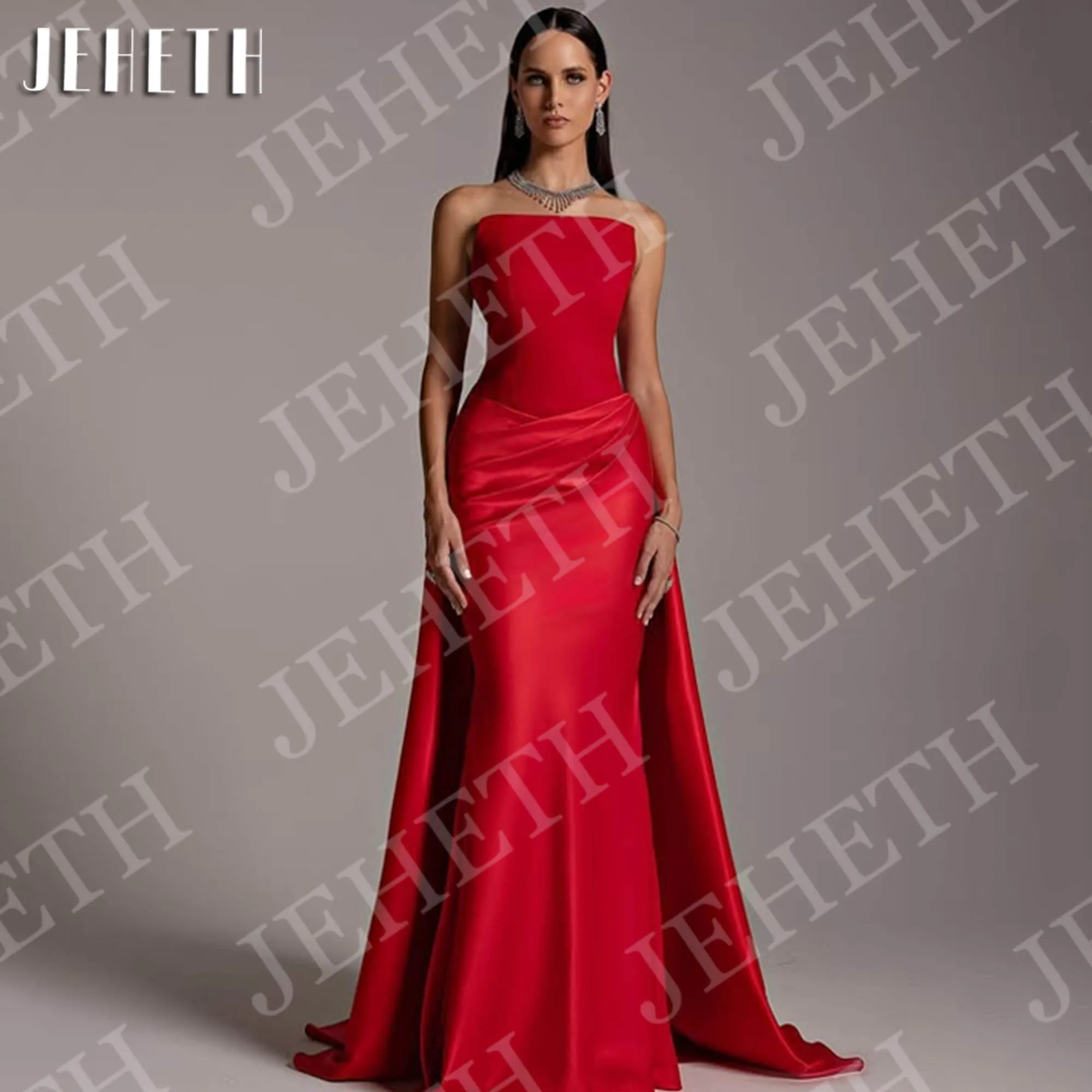 JEHETH Meerjungfrau Elegante Abendkleider Sexy Ärmellose Liebsten Rot Satin Formale Veranstaltungen Kleid Angepasst Meerjungfrau elegante Abendkleider sexy ärmellose armreifenlose rote Satin formelle