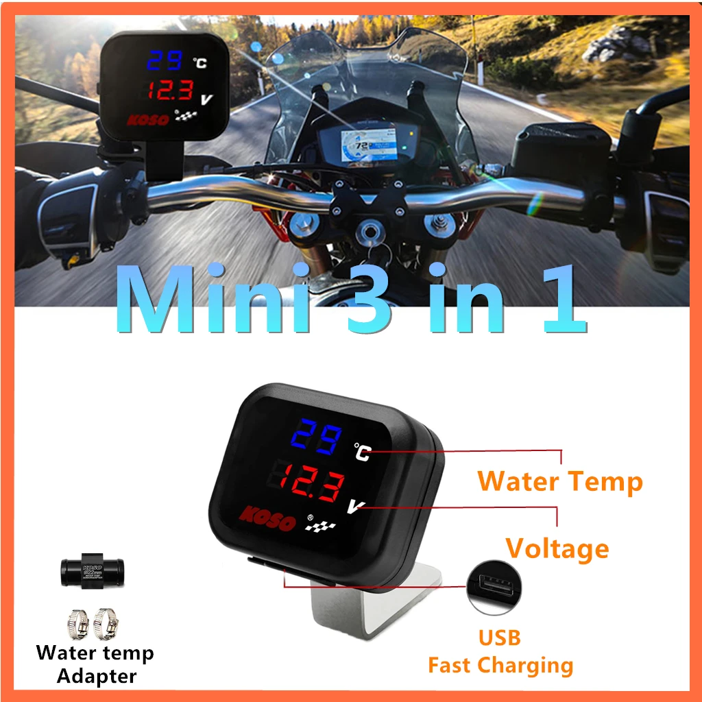 KOSO Wassertemperaturmesser, Voltmeter, Messgerät, Motorrad, Telefon, USB-Ladegerät, Aufladen, 3-in-1, wasserdichtes LCD-Digitalanzeige Image