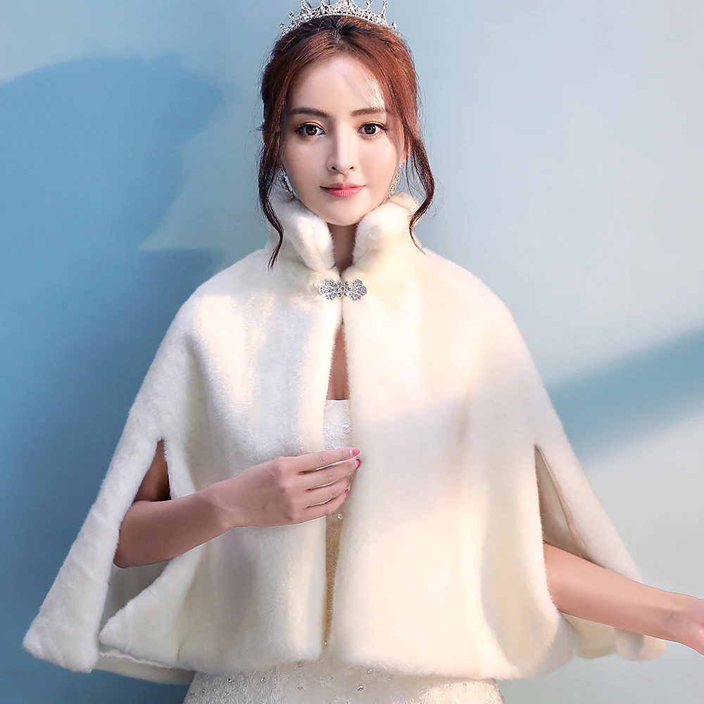 Mantello da sposa da sposa in pelliccia sintetica avorio da donna Mantello invernale caldo da sera per festa da damigella d'onore Giacca bolero da ballo Cappotto con colletto alla coreana