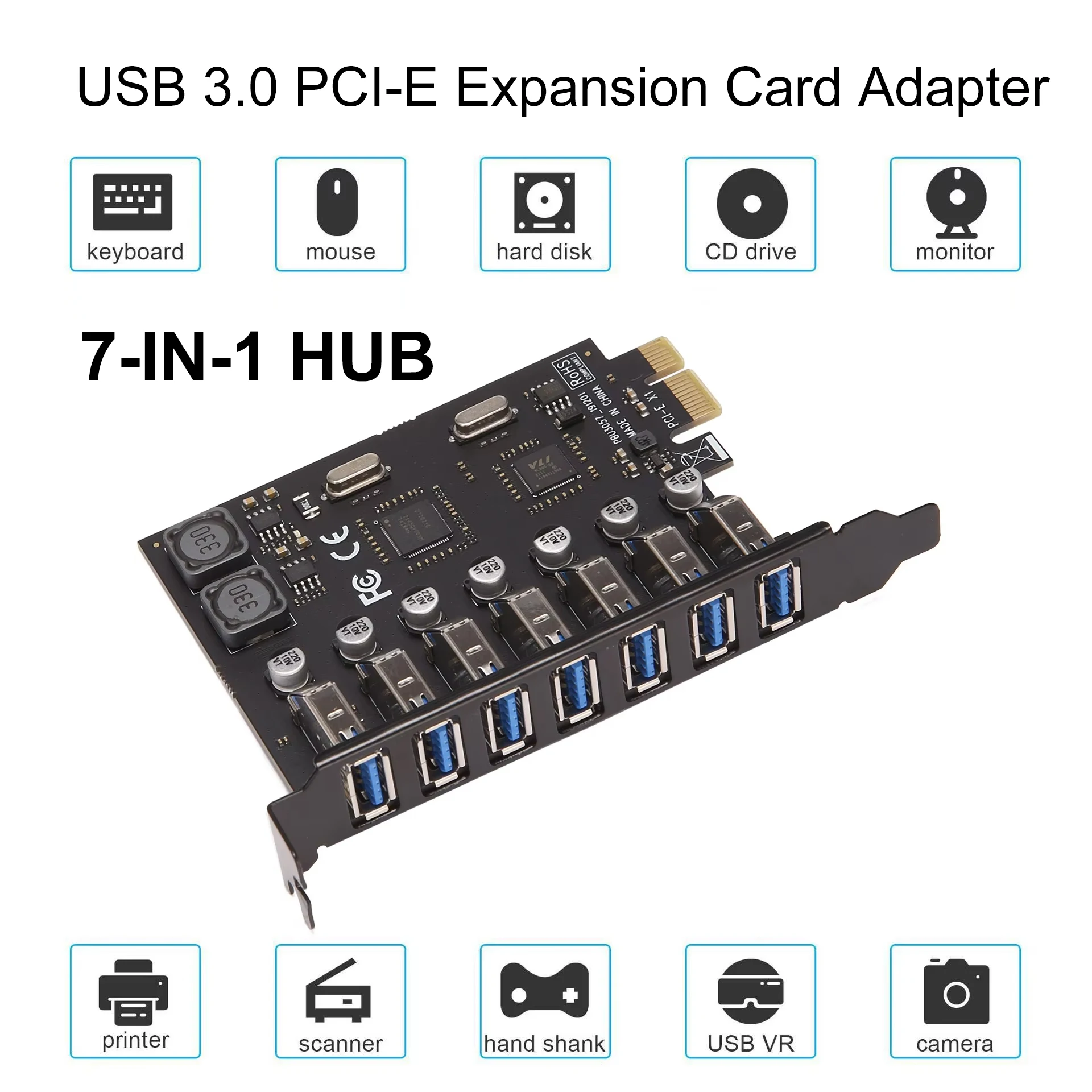 7ports 5Gbps USB 3.0 Gen1 USBC USBA PCIE Card Hub USB 3.0 PCI Express Board PCI-E USB3.0 Adapter Controller für Desktop Image