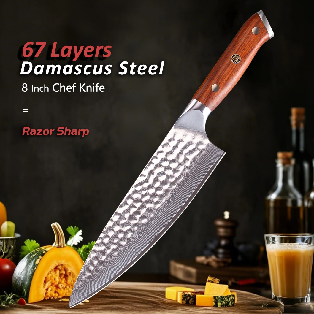8-Zoll-Küchenmesser 67 Schichten VG10 Damaststahlmesser Superscharfes japanisches Gyuto-Kochmesser mit Palisandergriff Image