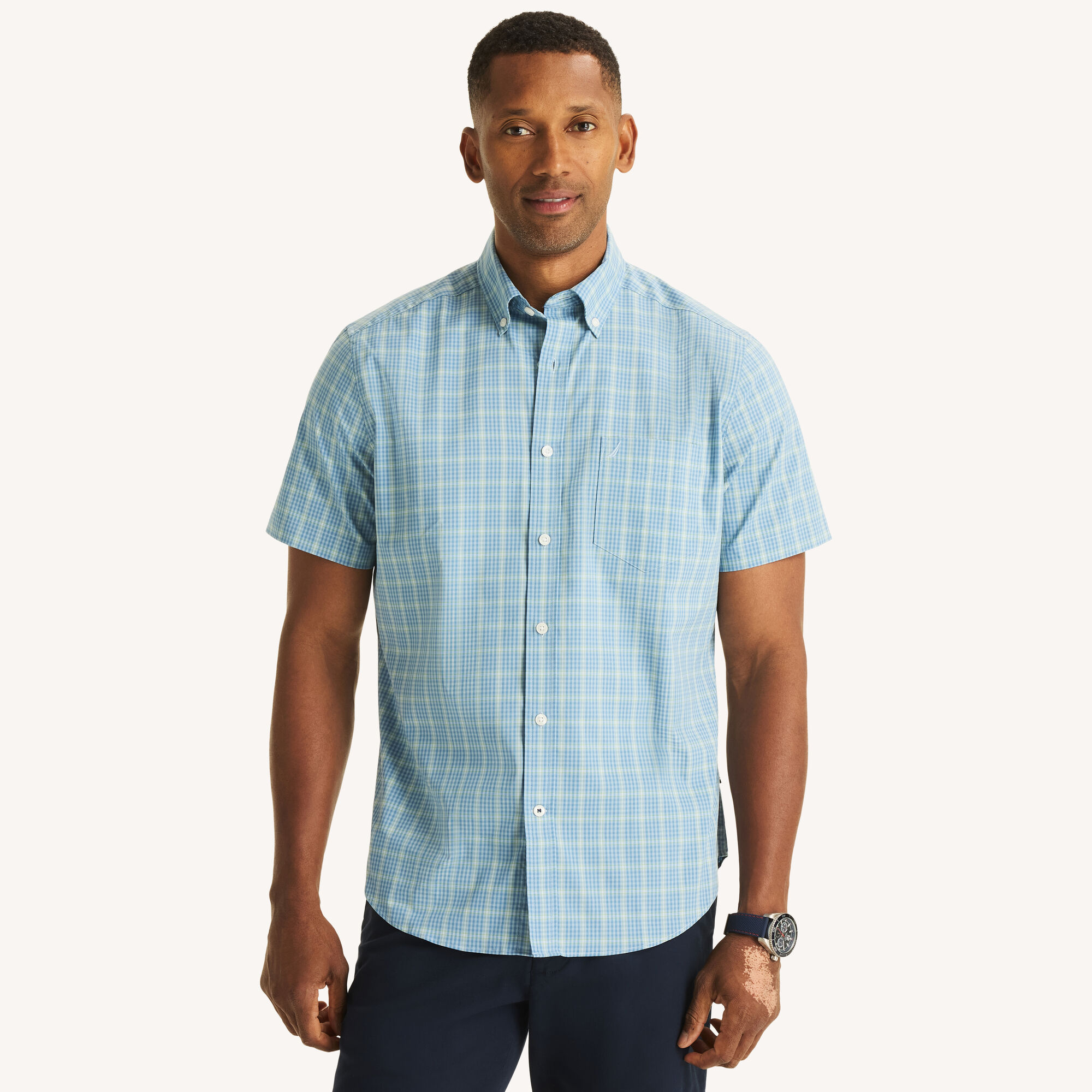 Nautica Men's Classic Fit Wrinkle-Resistant Plaid Short-Sleeve Shirt 429 (Blue Stern), XS