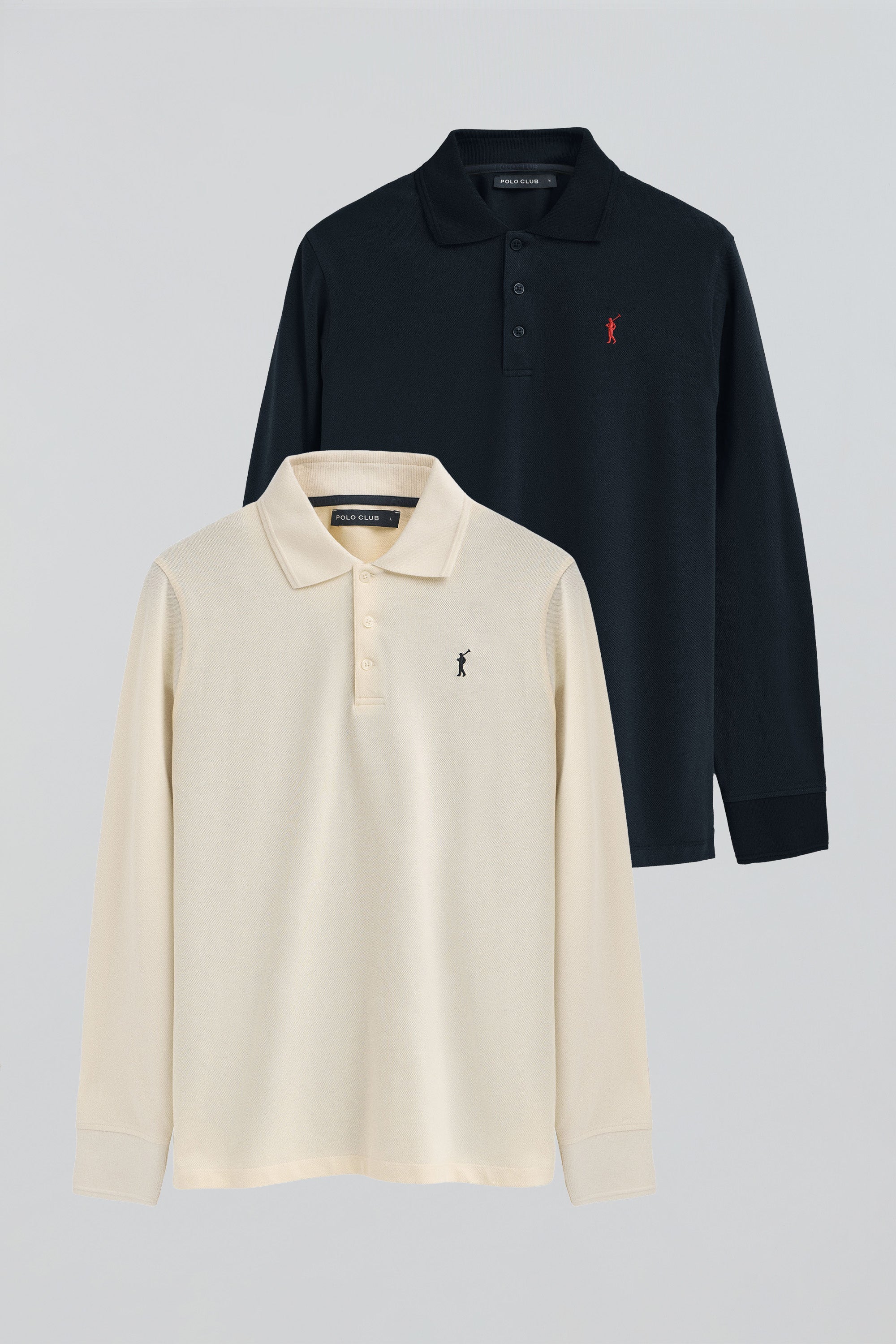 Zweierpack Herren-Poloshirts marineblau und ecru mit langen Ärmeln und gesticktem Rigby Go-Logo Image