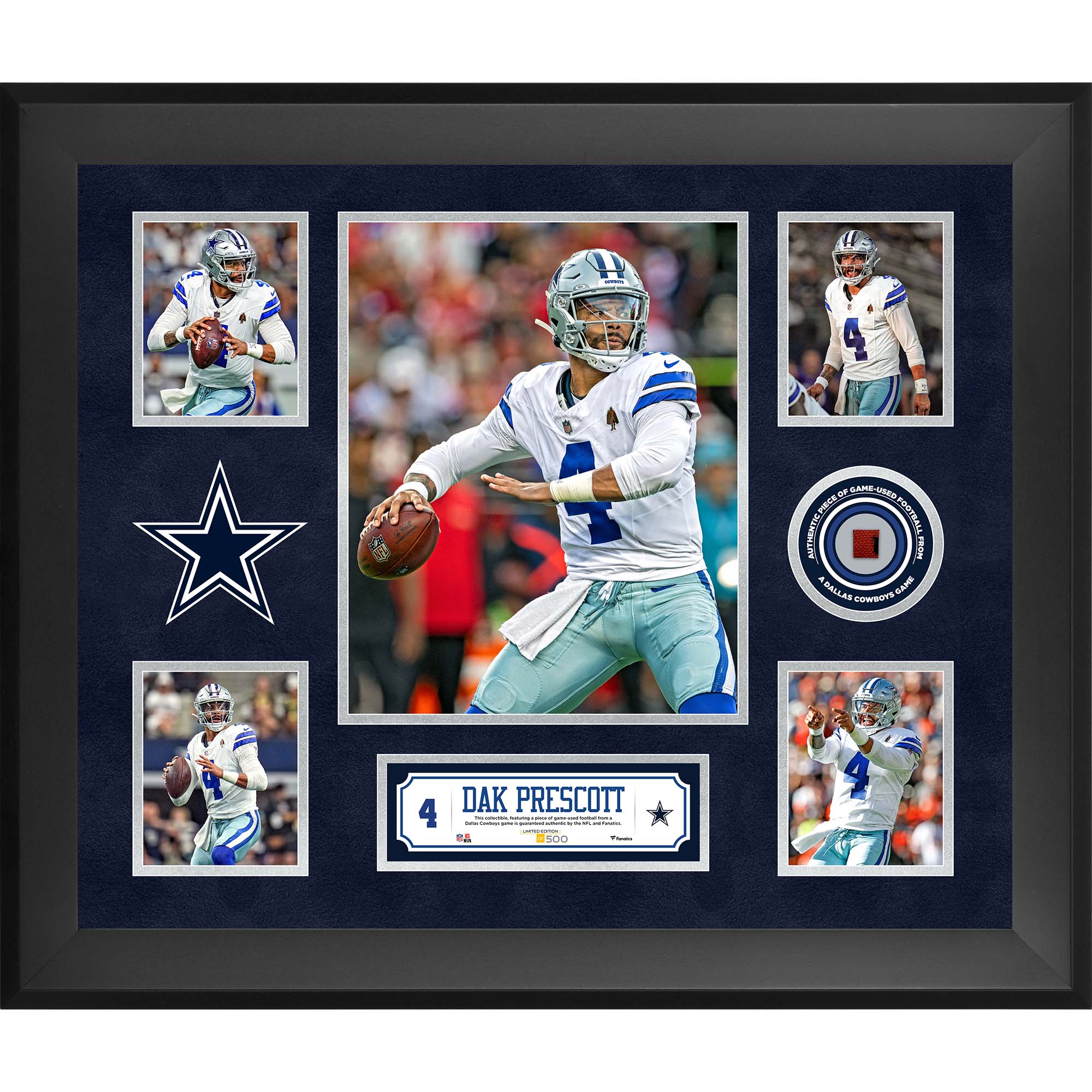 Dak Prescott Dallas Cowboys Gerahmte 5-Foto-Collage (50,8 x 61 cm) mit einem Stück eines im Spiel verwendeten Footballs – Limitierte Auflage von 500 Stück Image