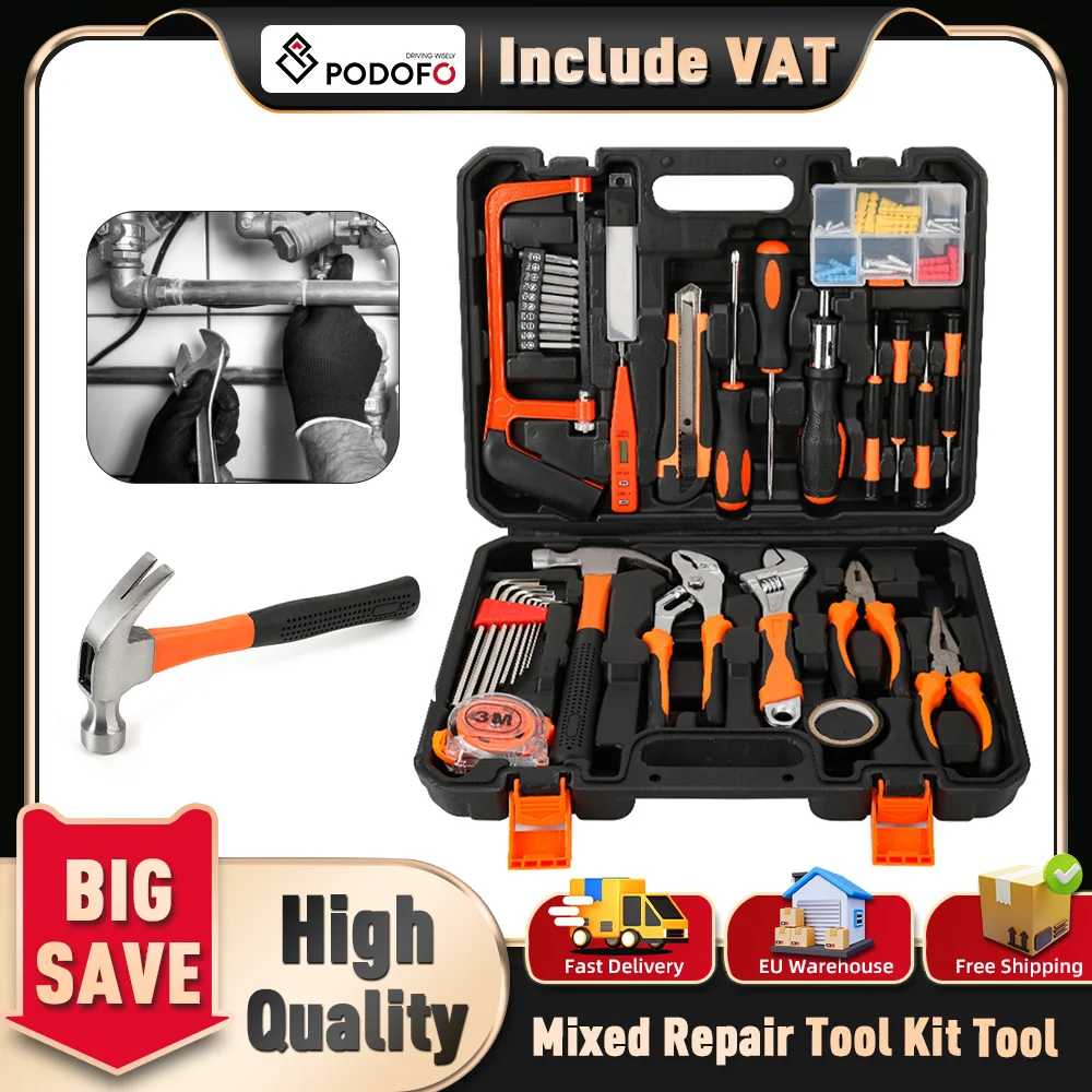 Podofo 59 pezzi Set di attrezzi professionali Set completo di hardware Cassetta degli attrezzi per uso domestico, riparazione auto, cassetta degli attrezzi per trapano combinato per garage