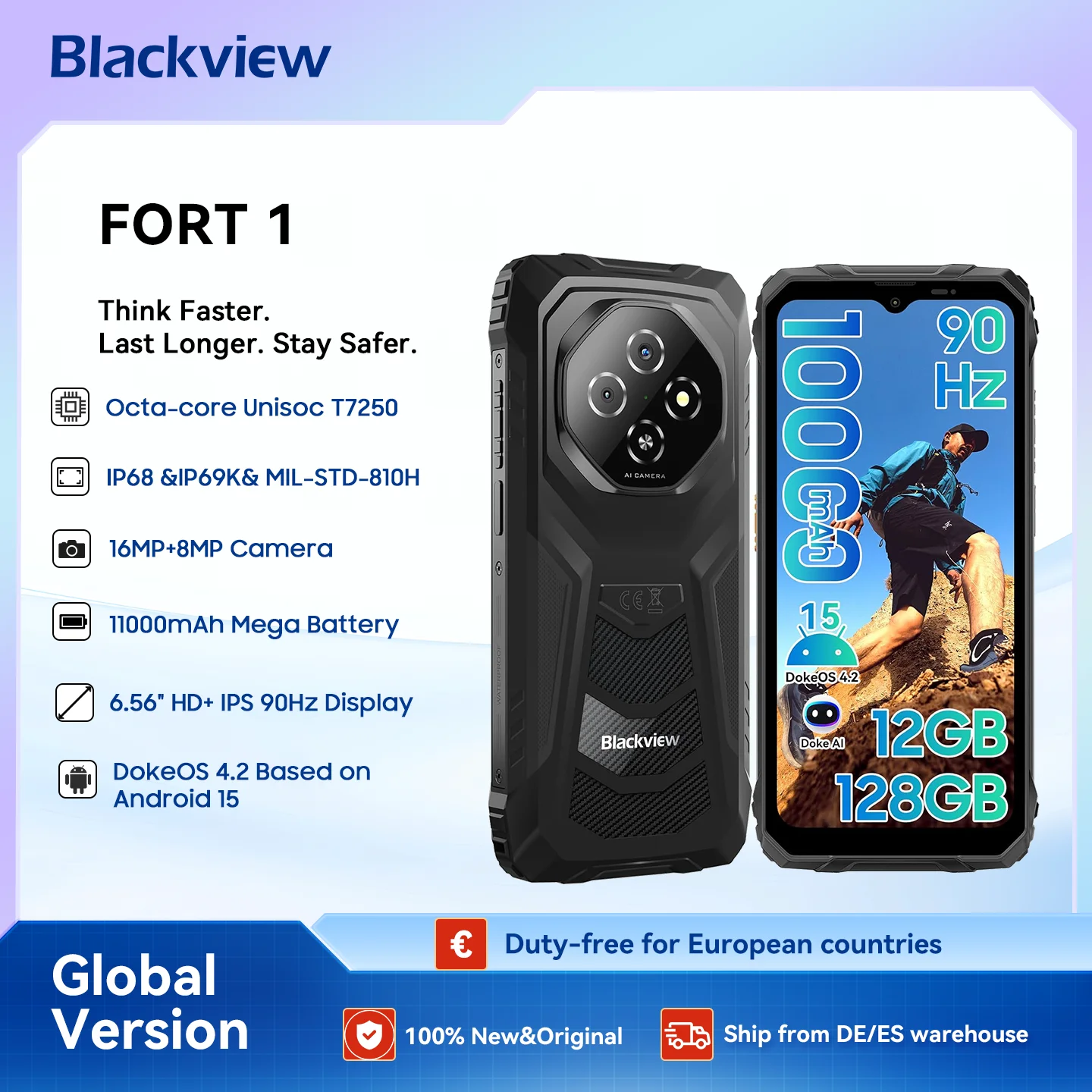 Robuste Blackview FORT-1-Telefone, 6,65-Zoll-Android-15-AI-Smartphone mit bis zu 18 GB/256 GB, 4G-Außentelefone mit 10.000 mAh, kein EU-Ladegerät Image