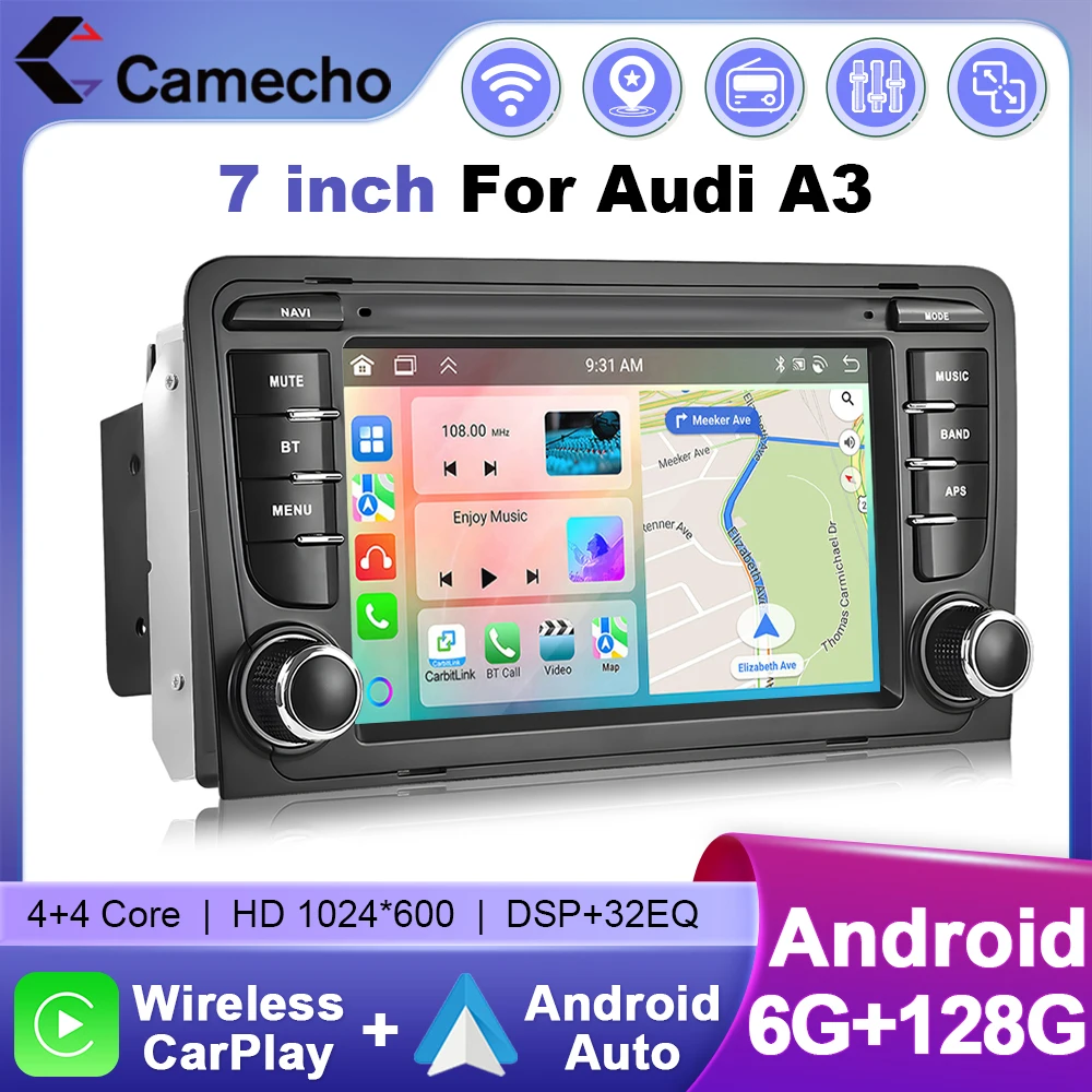 Camecho 7 "Android Auto Radio per Audi A3 8P 2003-2012 S3 RS3 Carplay 4 + 64G Lettore multimediale per auto GPS Wifi 2Din Autoradio