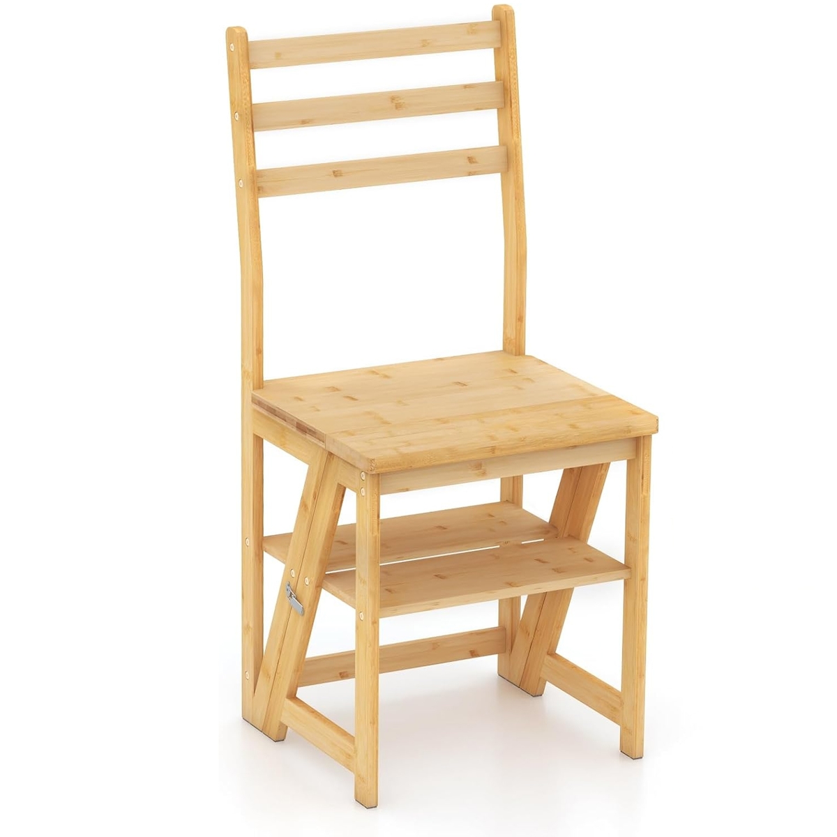 COSTWAY 3-in-1-Trittleiter, 3-stufige Bambus-Trittleiter, multifunktionaler Leiterstuhl mit 150 kg Tragkraft Image