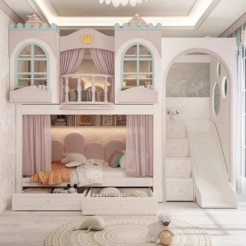 Anpassbares Up and Down-Bett mit gleicher Breite, Doppelbett, Doppelbett, Mädchenbaumhaus, Prinzessin, Hoch- und Tiefbett Image