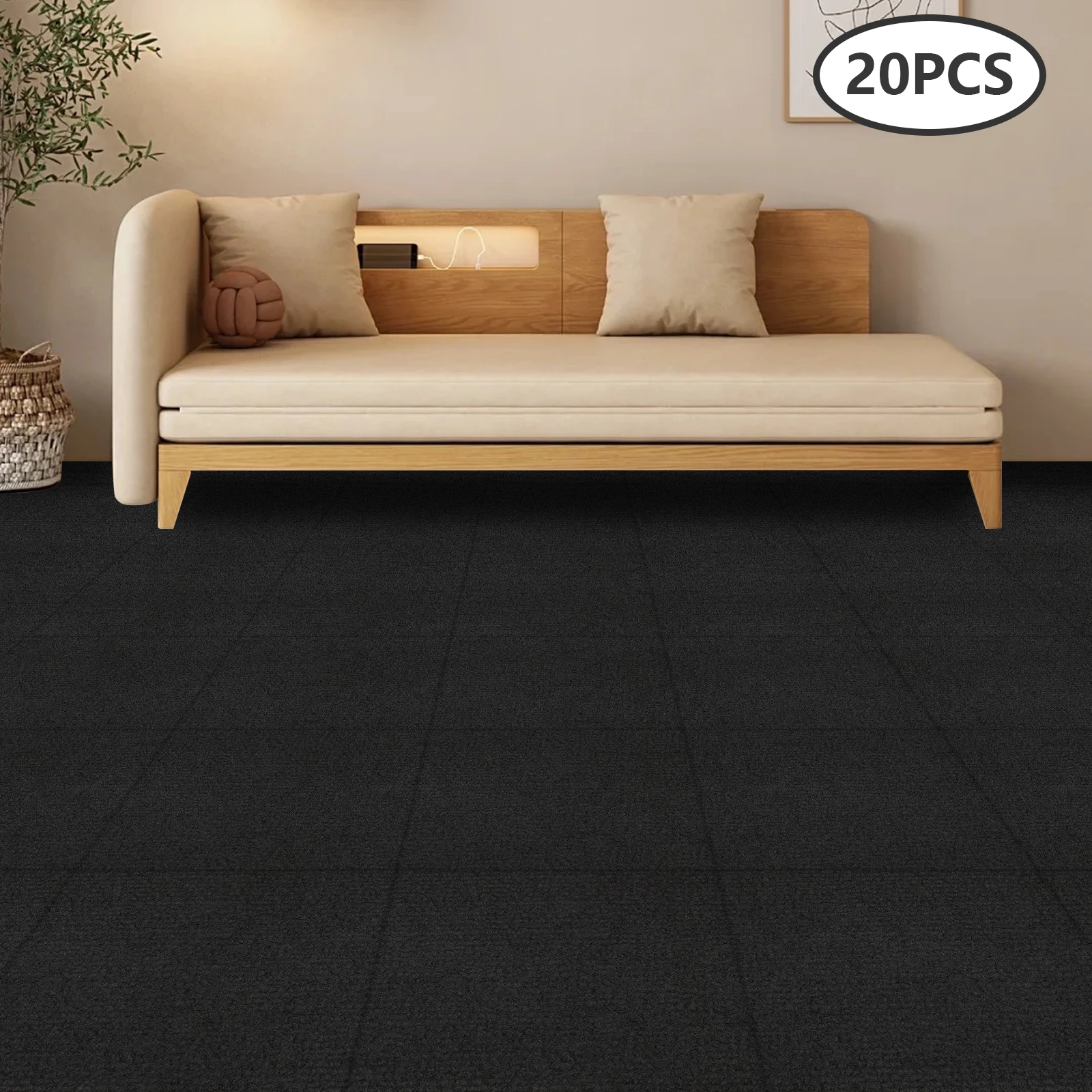 20 Stück quadratischer Teppich, schwarzer Bodenteppich für den Innenbereich, rutschfester Adsorptionstyp, selbstklebender Teppich, DIY-Dekoration, 19,7 x 19,7 Zoll Image
