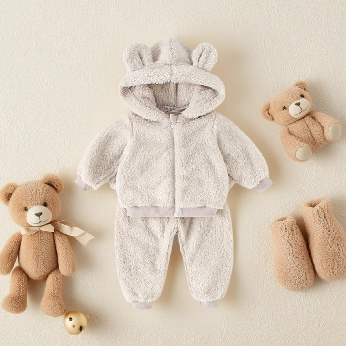 Warme Winter-Babykleidungssets, langärmelige Oberteile, Reißverschluss + lange Hosen, 2 Stück, niedlich Image