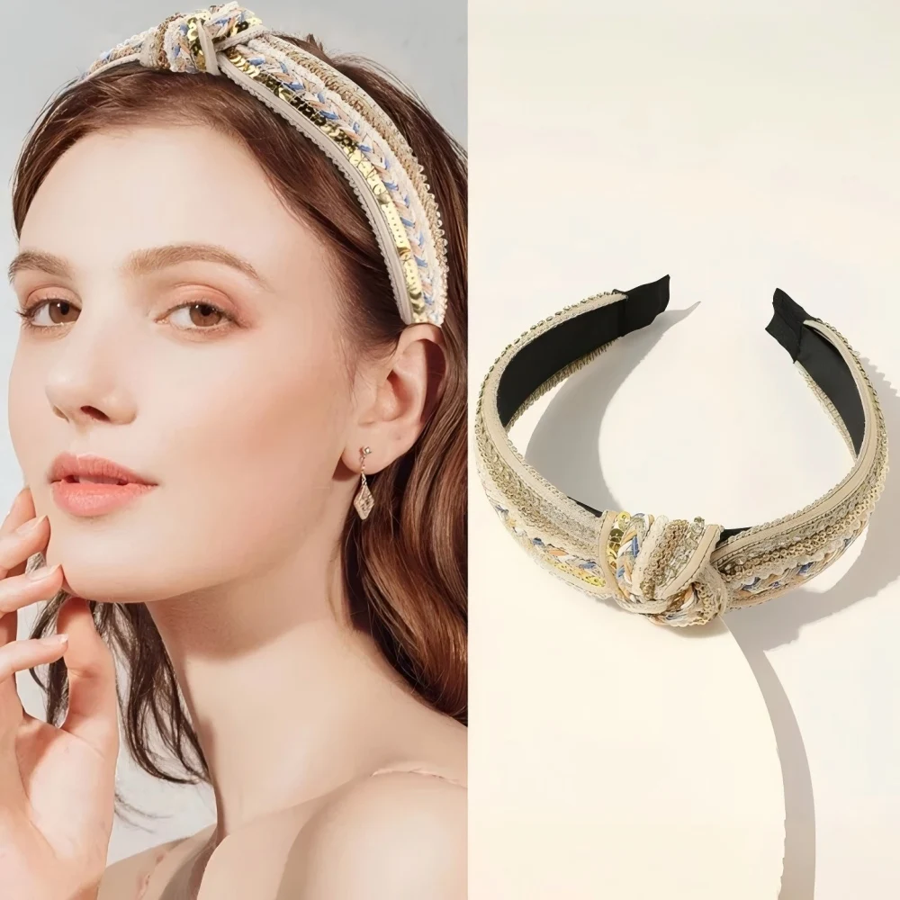 1 Stück Vintage Bling geknotetes Stirnband Strass Perlen Perlen Haarband Boho breiter Turban Top Knoten Haarschmuck für Frauen Image